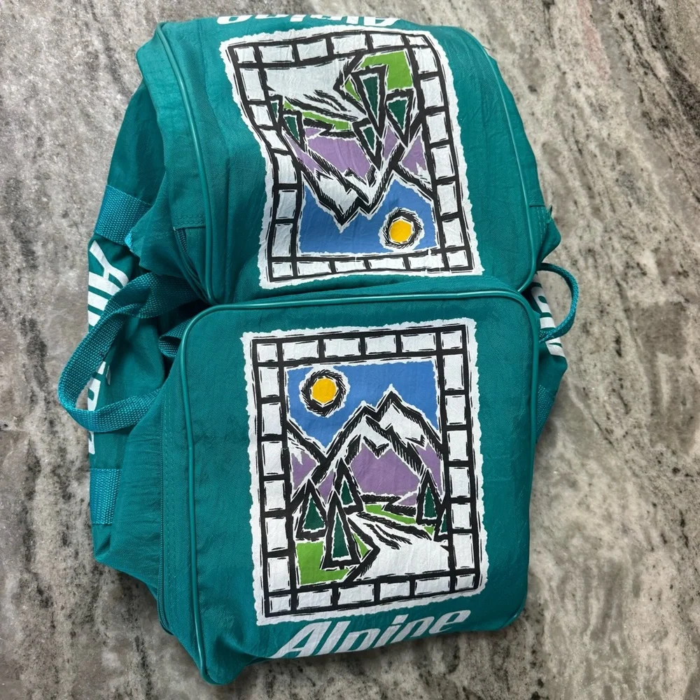 Vintage Alpine Duffel Bag–Teal Canvas Gym/Travel Bag with Retro Mountain Graphic